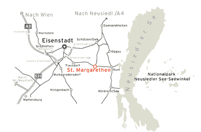 Anfahrtsplan: St. Margarethen zwischen Eisenstadt und Rust, Anreise über A3 oder A4